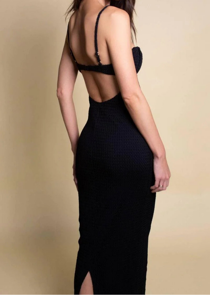 Petal Long Slip Dress -Black Crochet