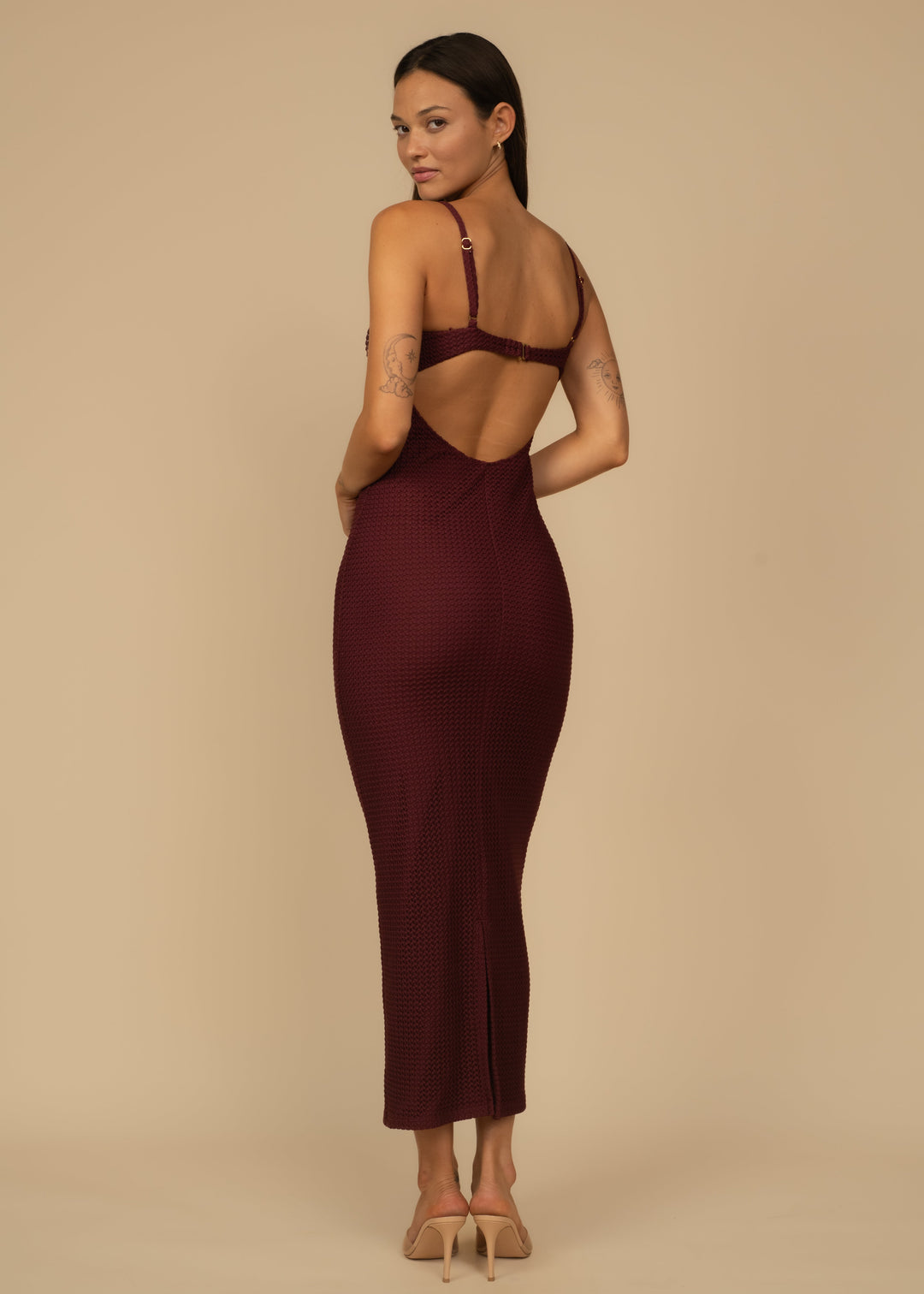 maroon slip dress Montce Crochet Petal Long Slip Dress
