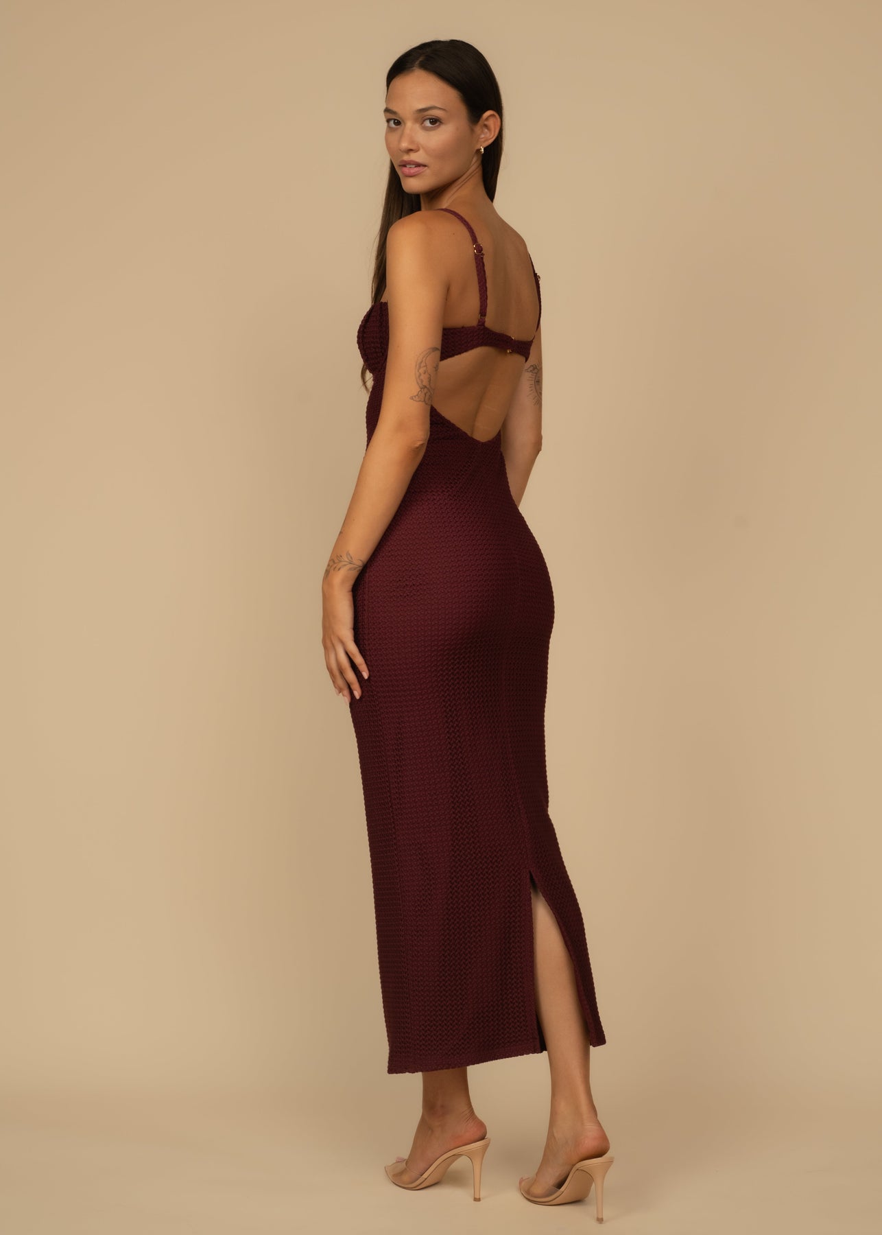maroon slip dress Montce Petal Long Slip Dress in Maroon crochet-Red