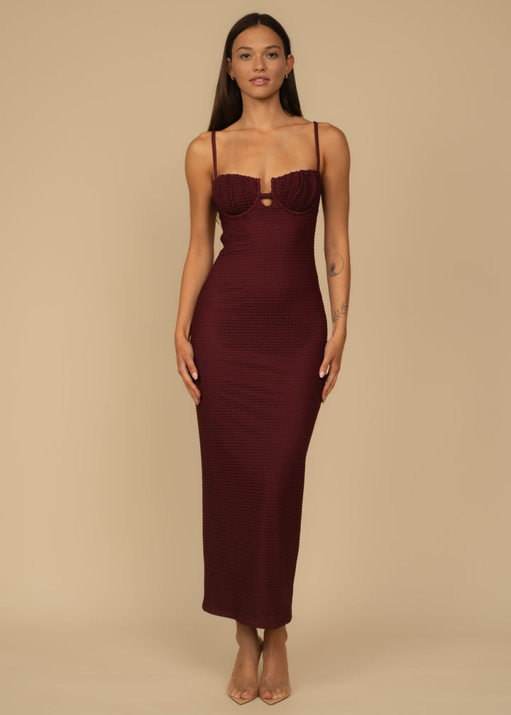 Petal Long Slip Dress -Maroon Crochet